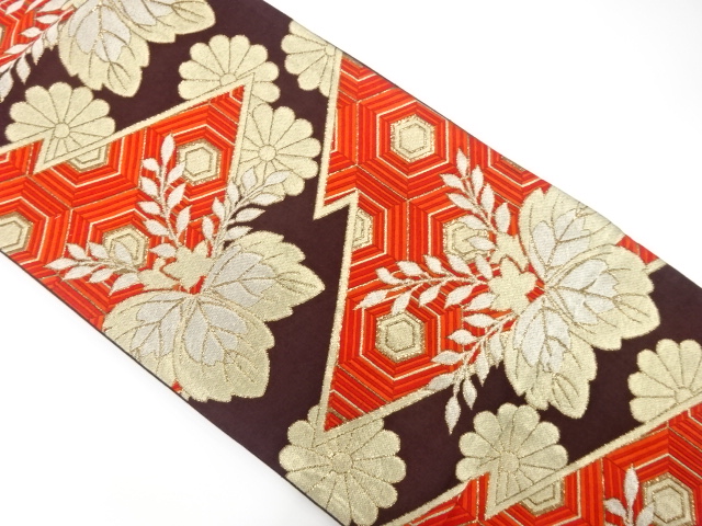 JAPANESE KIMONO / ANTIQUE FUKURO OBI / SILK / WOVEN KIKU & PAULOWNIA